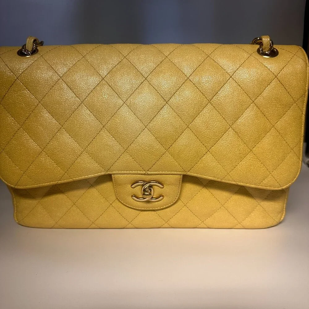 Chanel Yellow Iridescent Quilted Caviar Double Flap Bag - Picture 1 of 15
